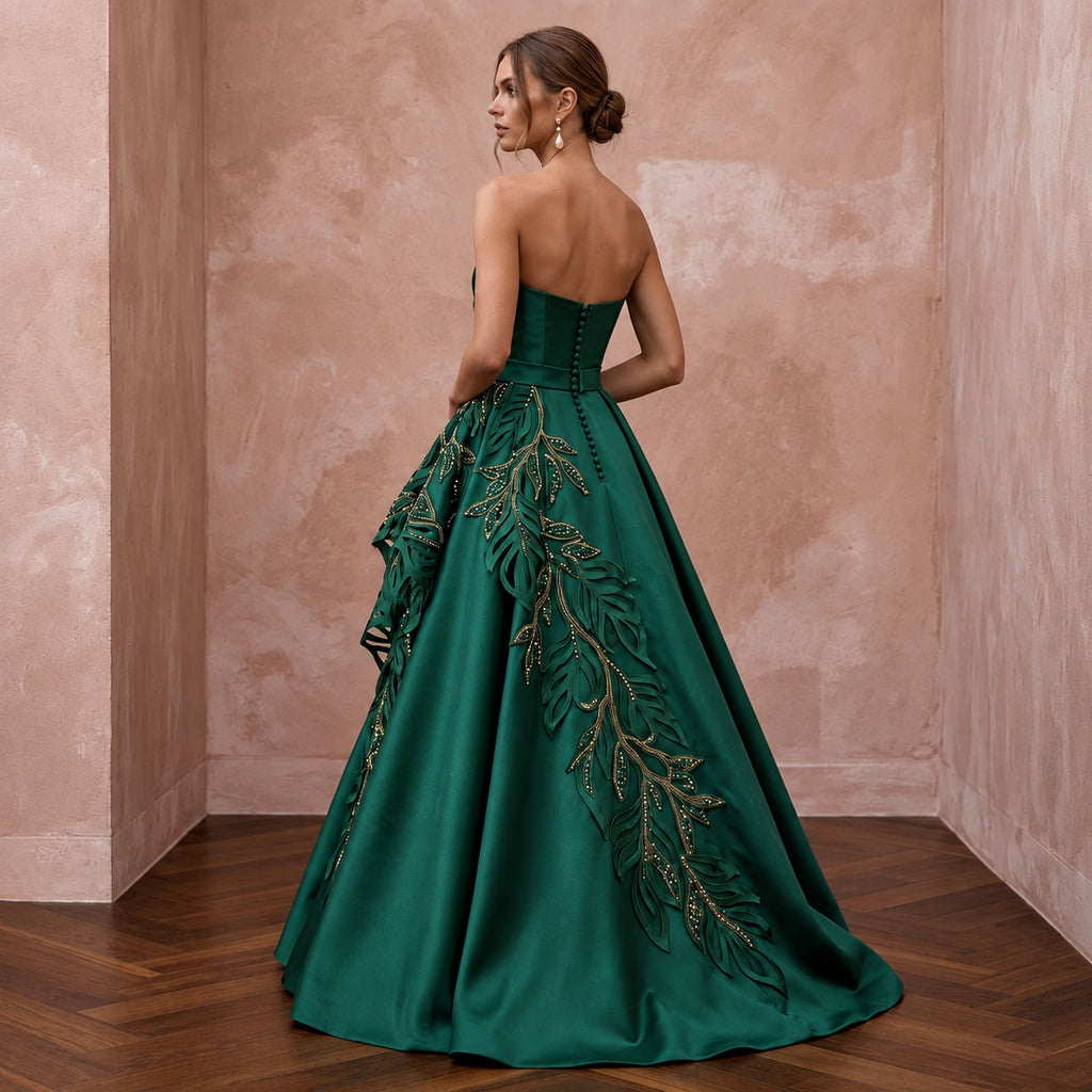 Deep Forest Green Satin Face Organza Strapless A-Line Gown