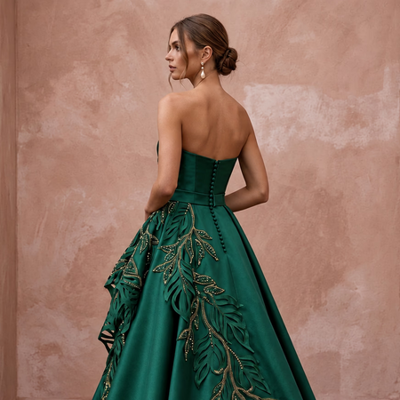 Deep Forest Green Satin Face Organza Strapless A-Line Gown