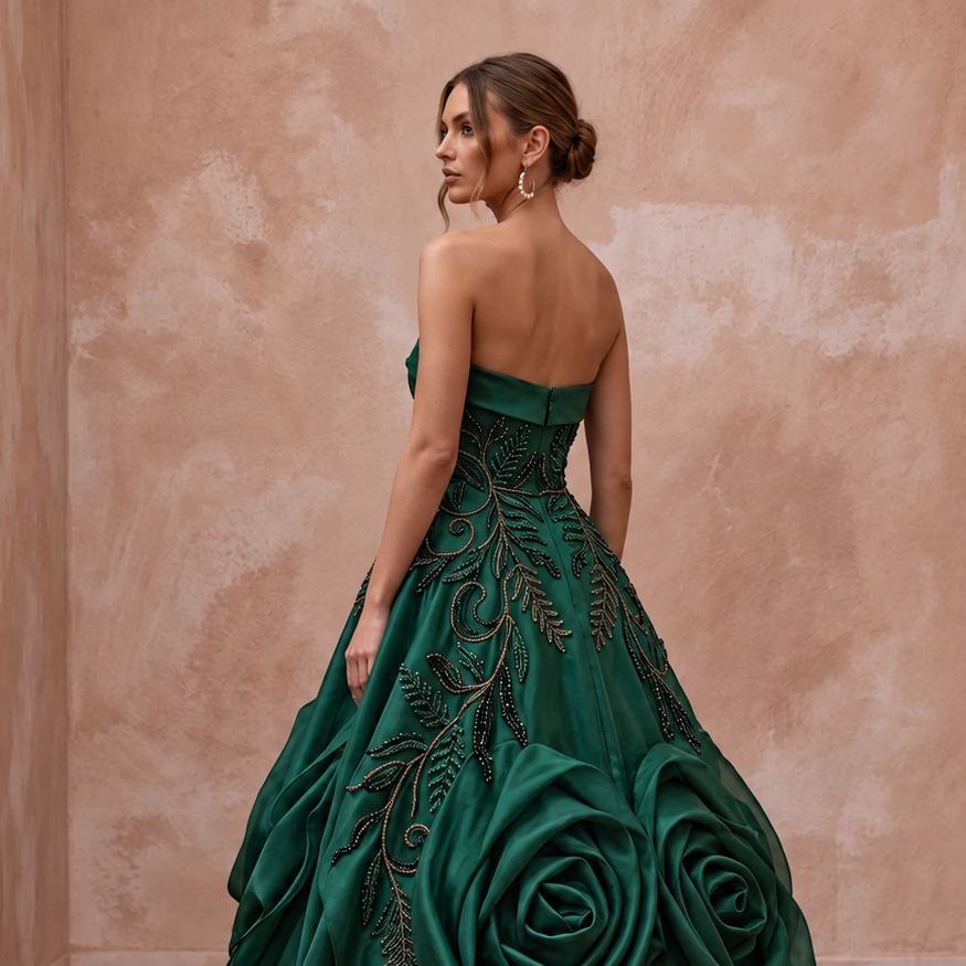 Deep Forest Green Satin Face Organza Strapless A-Line Gown