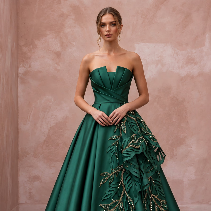 Deep Forest Green Satin Face Organza Strapless A-Line Gown