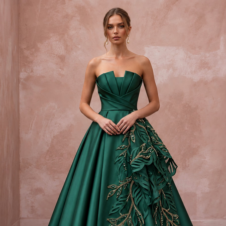 Deep Forest Green Satin Face Organza Strapless A-Line Gown