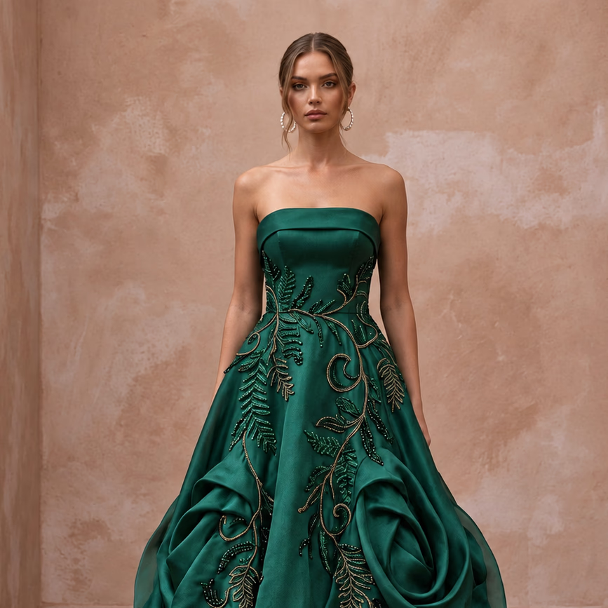Deep Forest Green Satin Face Organza Strapless A-Line Gown