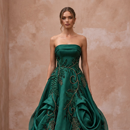 Deep Forest Green Satin Face Organza Strapless A-Line Gown