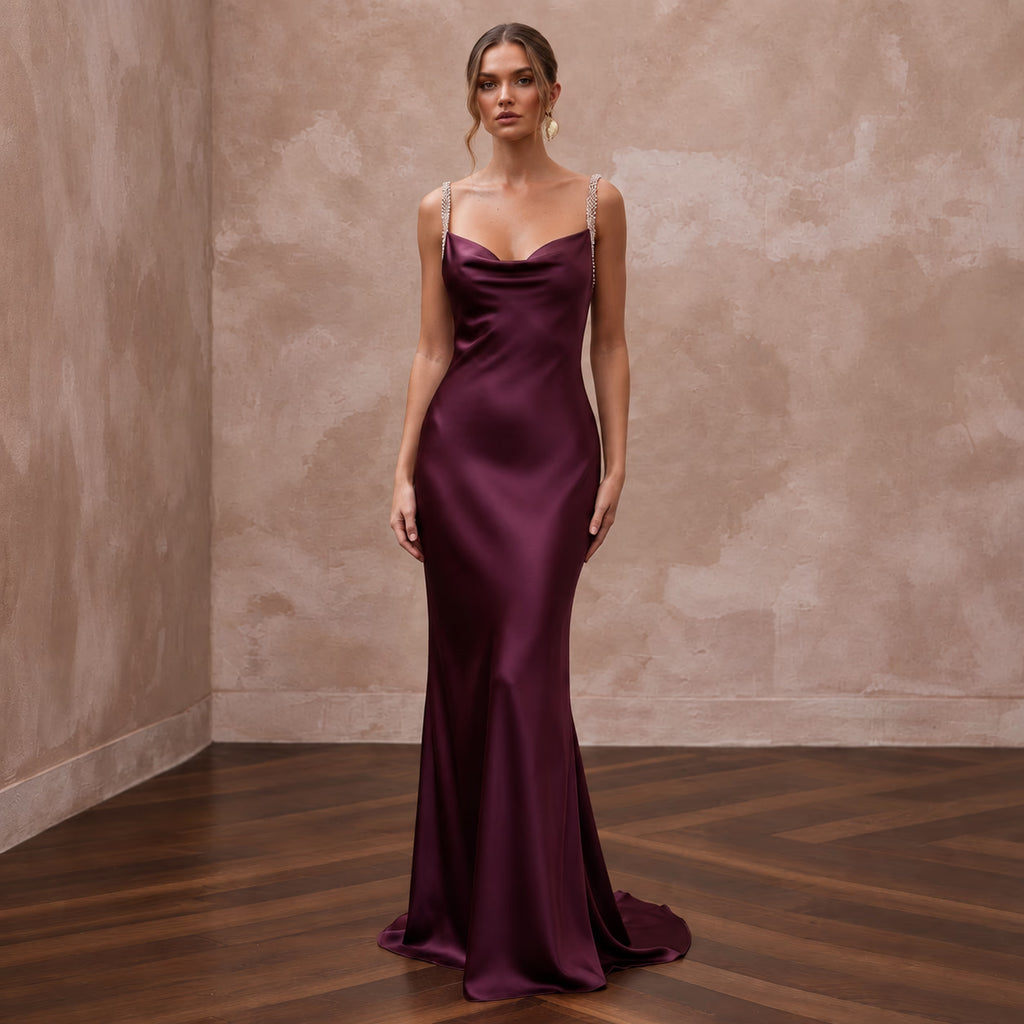 Deep Plum Silk Charmeuse Cowl Neck Bias Cut Evening Slip Dress