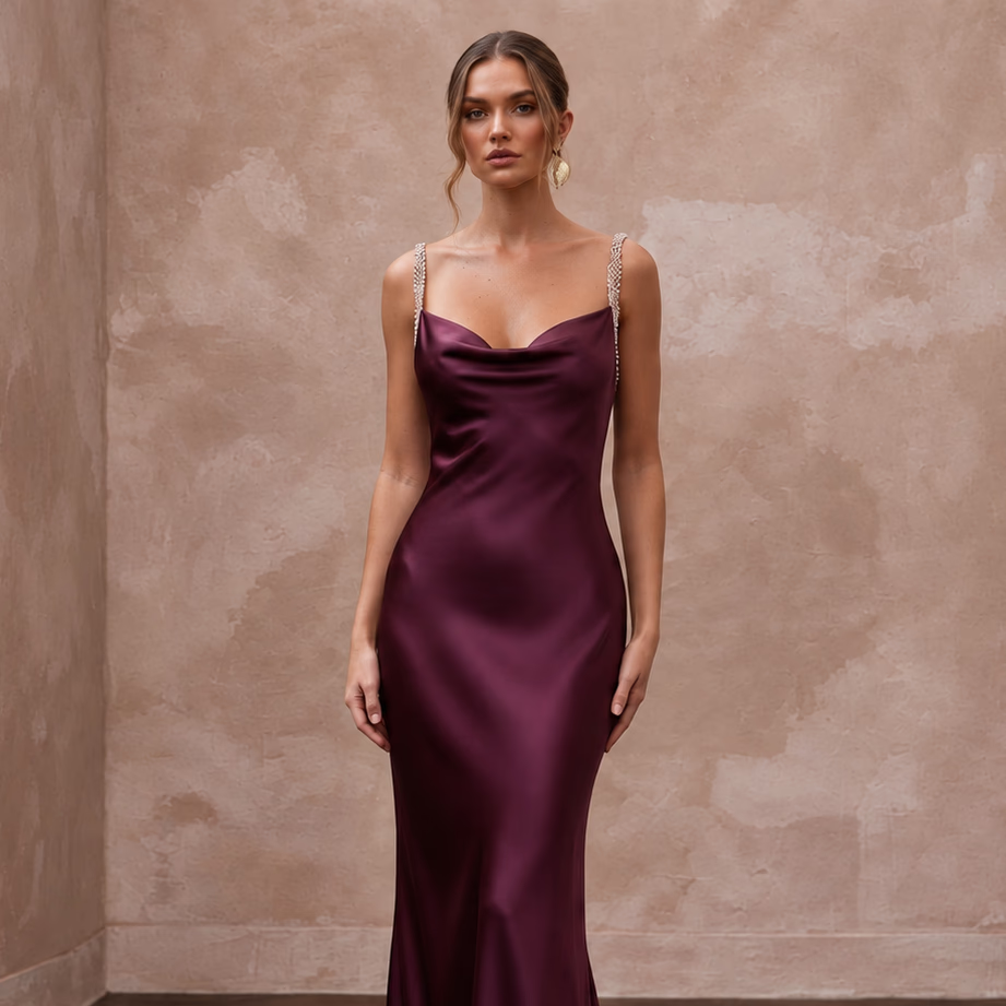 Deep Plum Silk Charmeuse Cowl Neck Bias Cut Evening Slip Dress