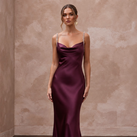 Deep Plum Silk Charmeuse Cowl Neck Bias Cut Evening Slip Dress