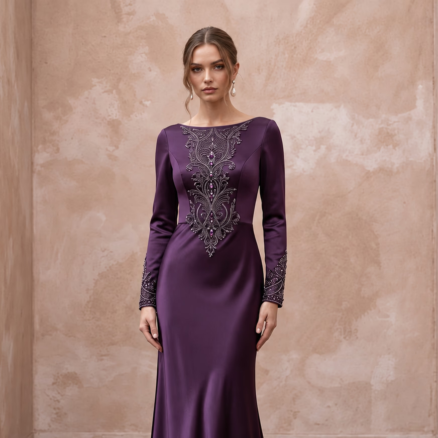 Deep Purple Silk Satin Long Sleeve Bias Cut Formal Dress