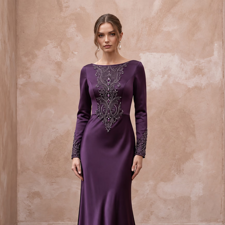 Deep Purple Silk Satin Long Sleeve Bias Cut Formal Dress