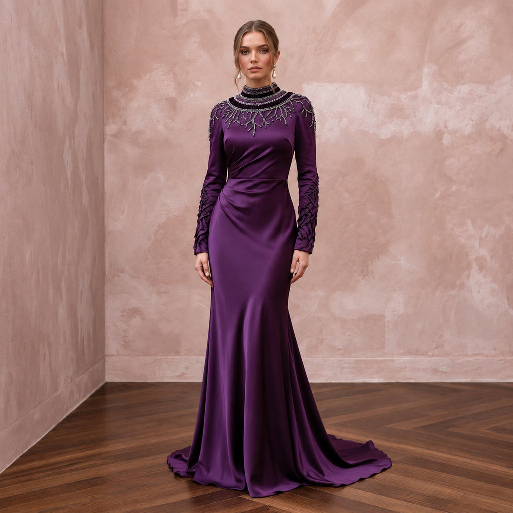 Deep Purple Silk Satin Long Sleeve Bias Cut Formal Dress