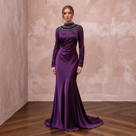 Deep Purple Silk Satin Long Sleeve Bias Cut Formal Dress