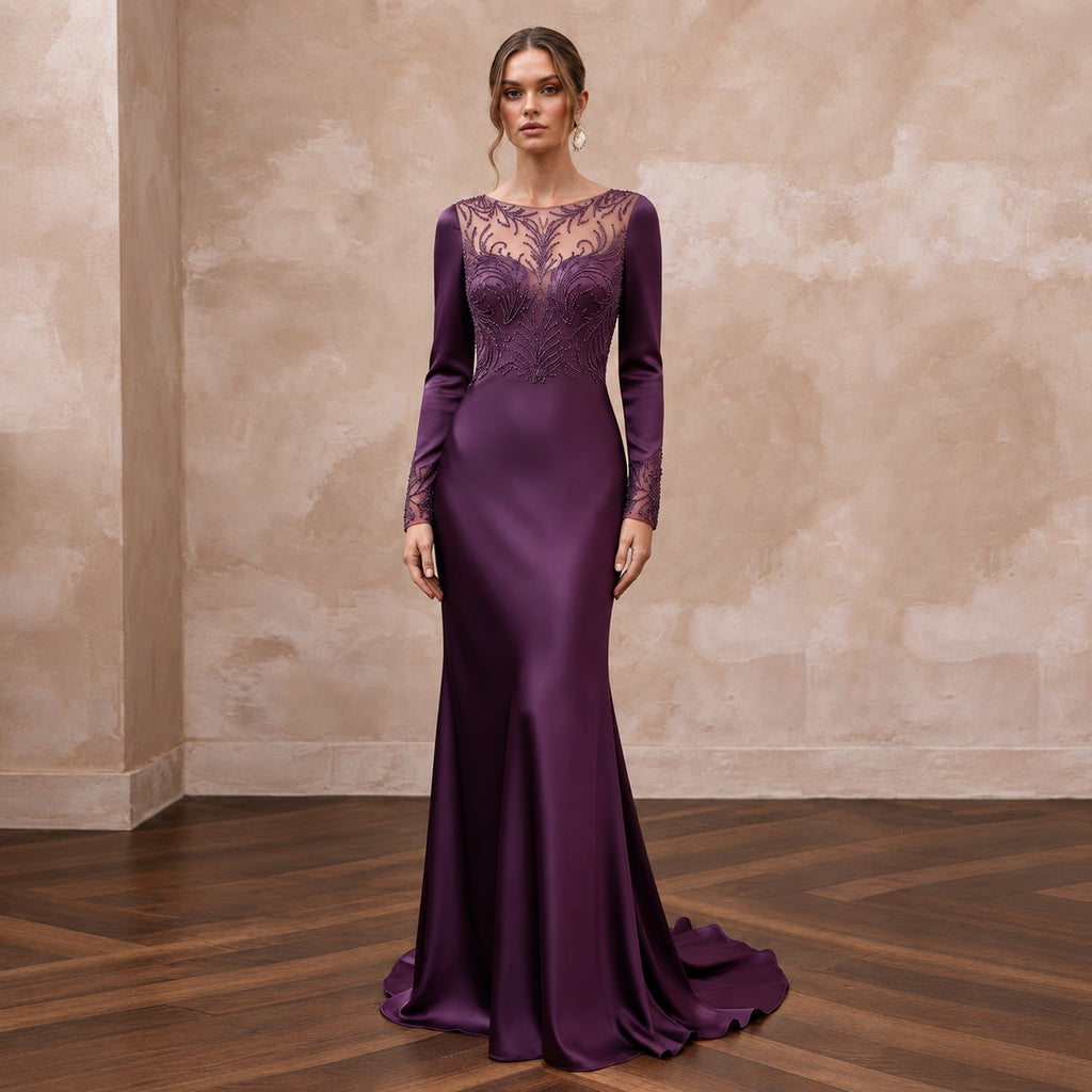 Deep Purple Silk Satin Long Sleeve Bias Cut Formal Dress