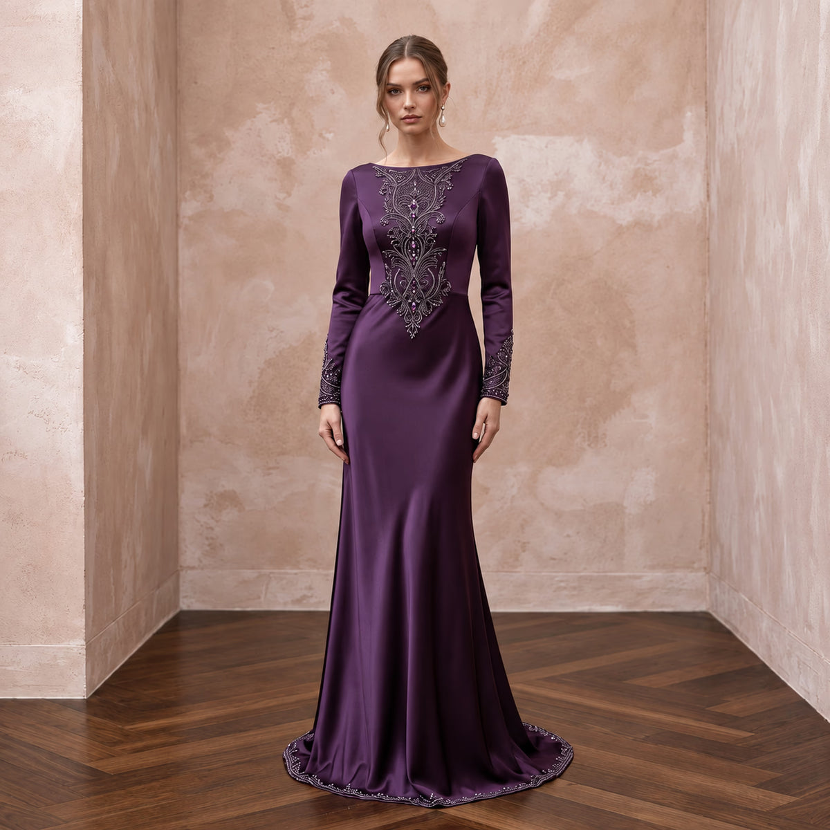 Deep Purple Silk Satin Long Sleeve Bias Cut Formal Dress
