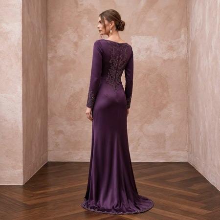 Deep Purple Silk Satin Long Sleeve Bias Cut Formal Dress