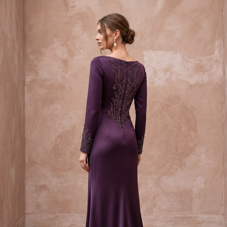 Deep Purple Silk Satin Long Sleeve Bias Cut Formal Dress