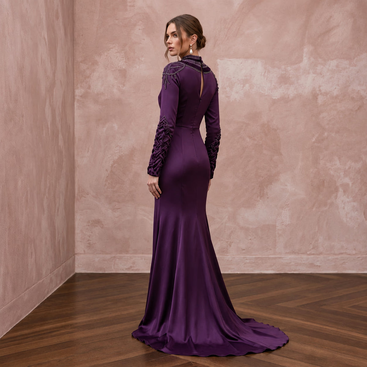 Deep Purple Silk Satin Long Sleeve Bias Cut Formal Dress