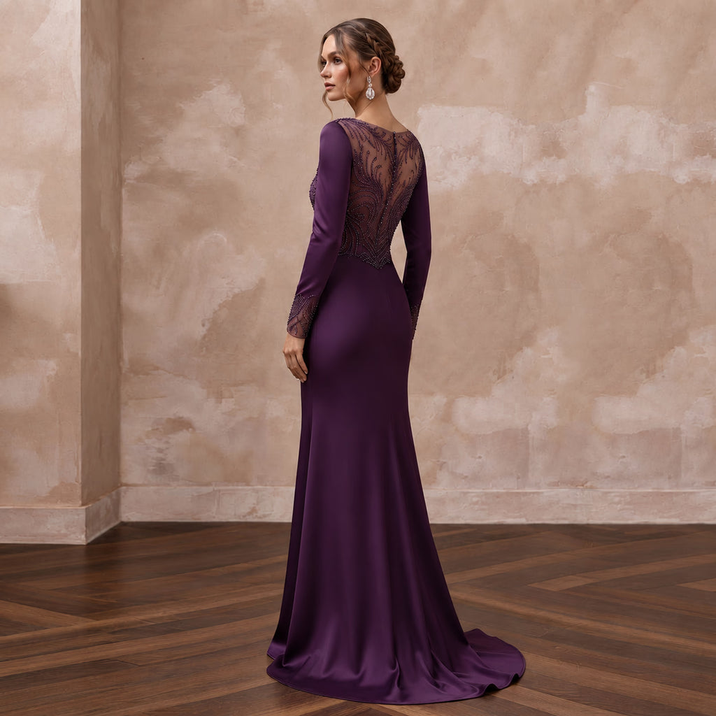 Deep Purple Silk Satin Long Sleeve Bias Cut Formal Dress
