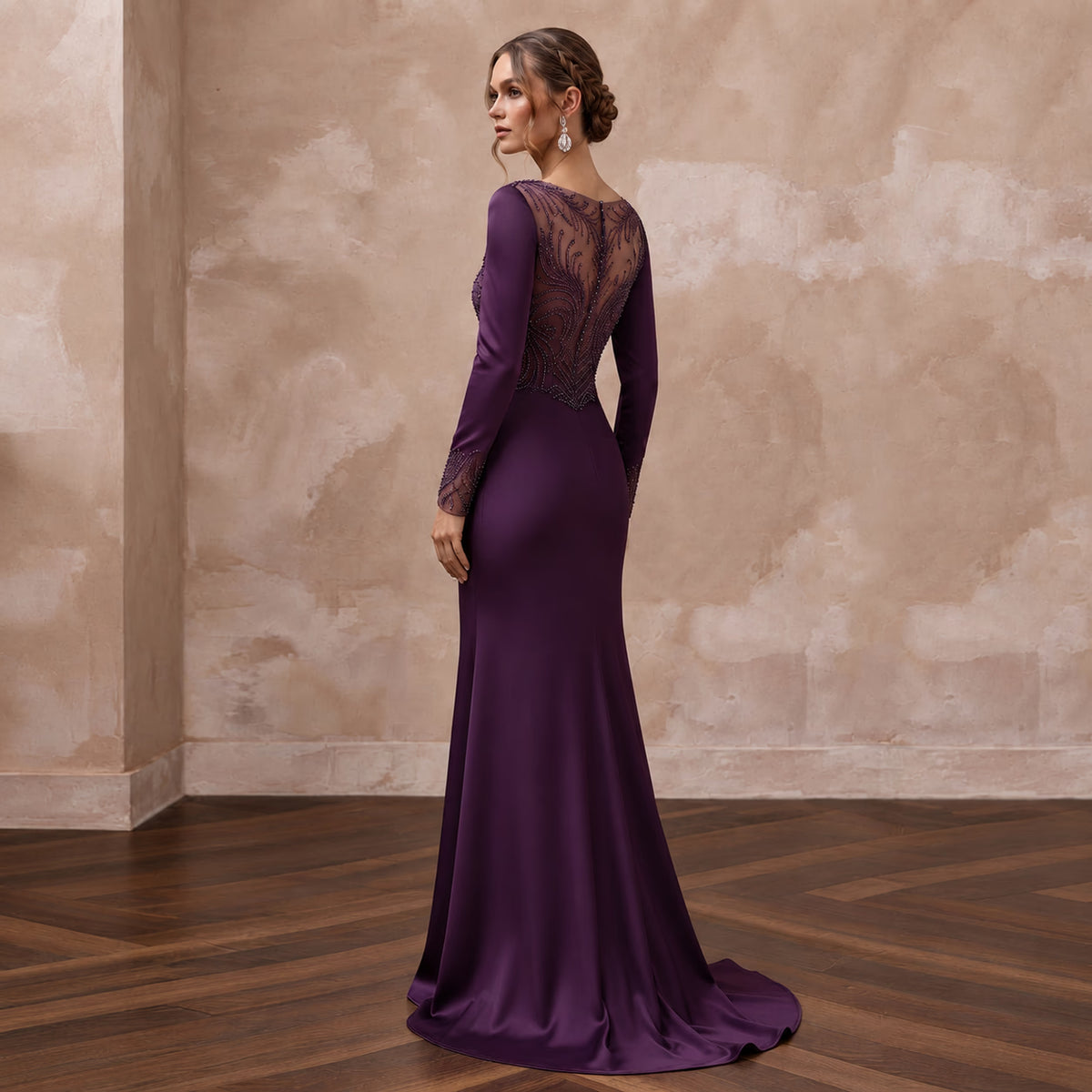 Deep Purple Silk Satin Long Sleeve Bias Cut Formal Dress
