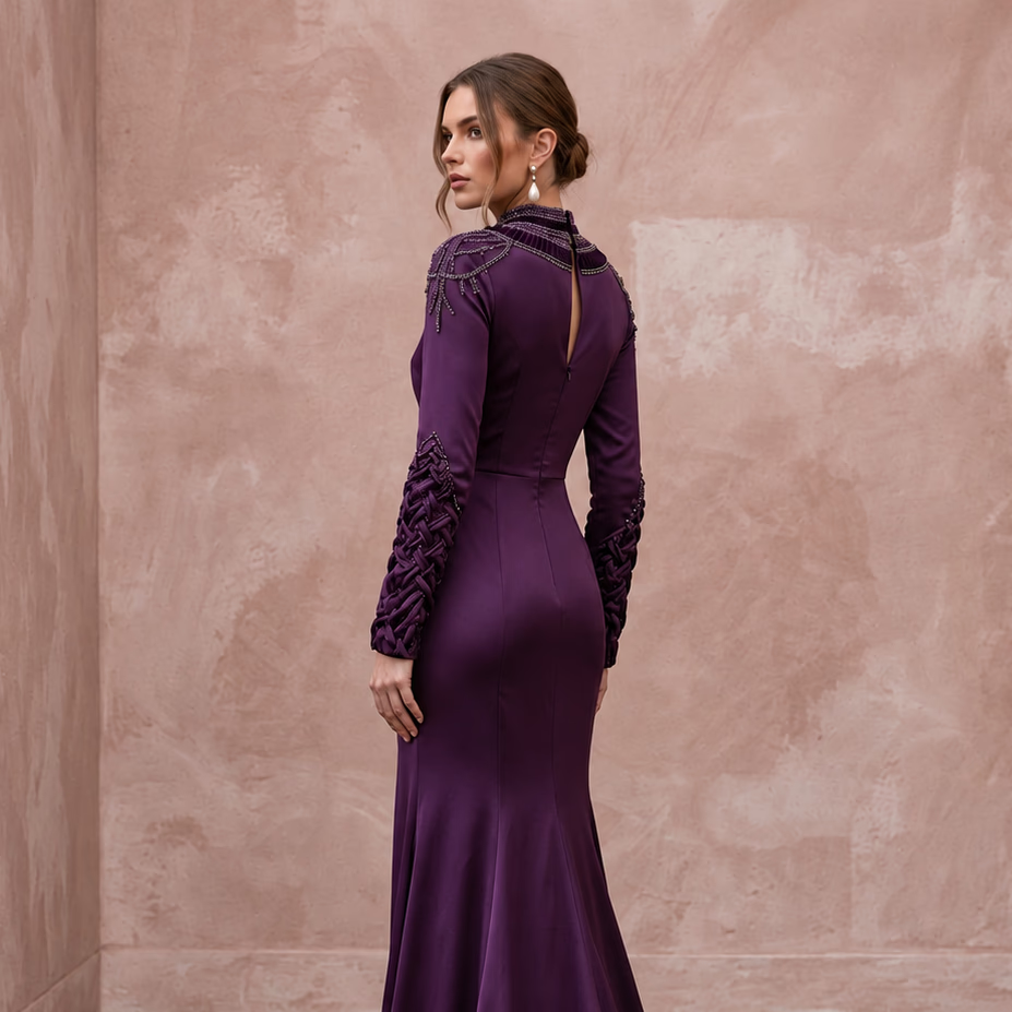 Deep Purple Silk Satin Long Sleeve Bias Cut Formal Dress