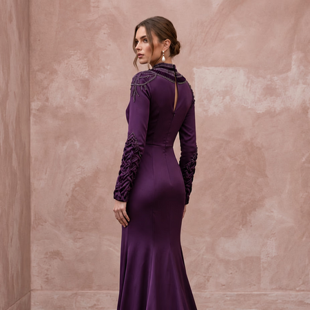 Deep Purple Silk Satin Long Sleeve Bias Cut Formal Dress