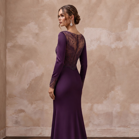 Deep Purple Silk Satin Long Sleeve Bias Cut Formal Dress