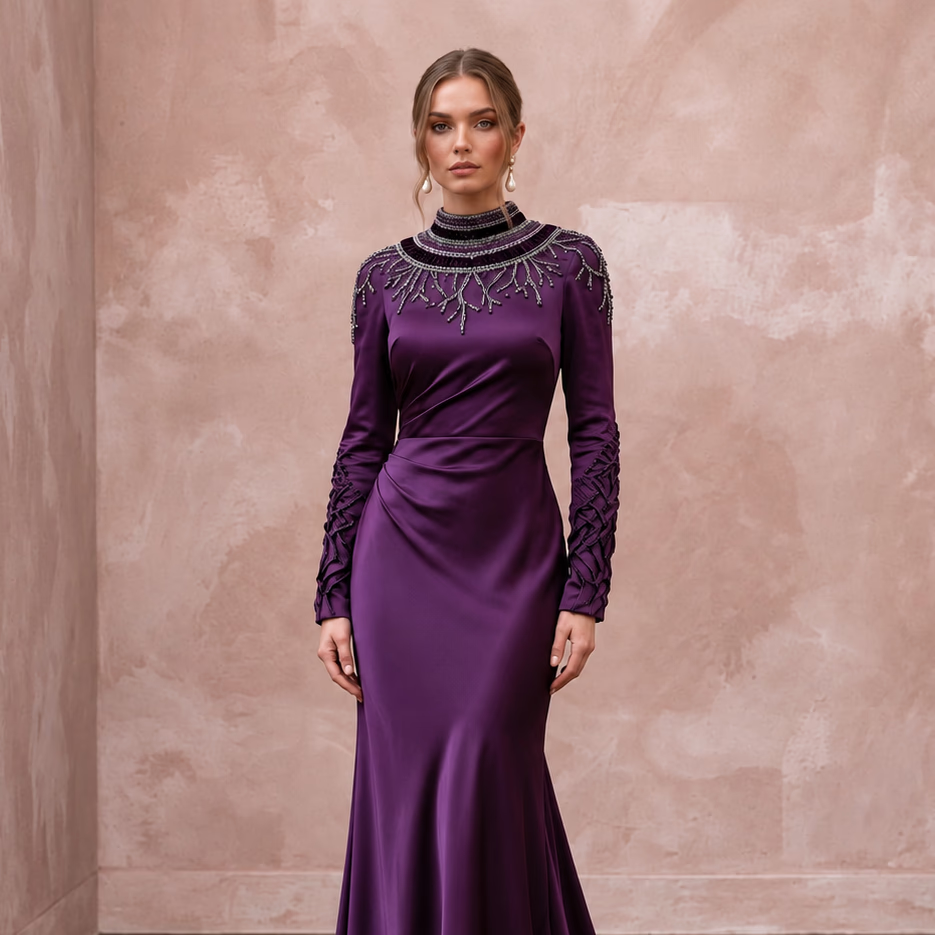 Deep Purple Silk Satin Long Sleeve Bias Cut Formal Dress