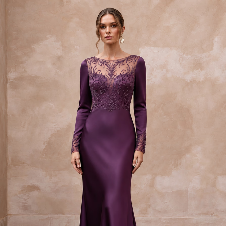 Deep Purple Silk Satin Long Sleeve Bias Cut Formal Dress