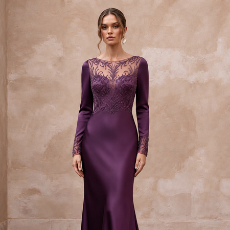 Deep Purple Silk Satin Long Sleeve Bias Cut Formal Dress