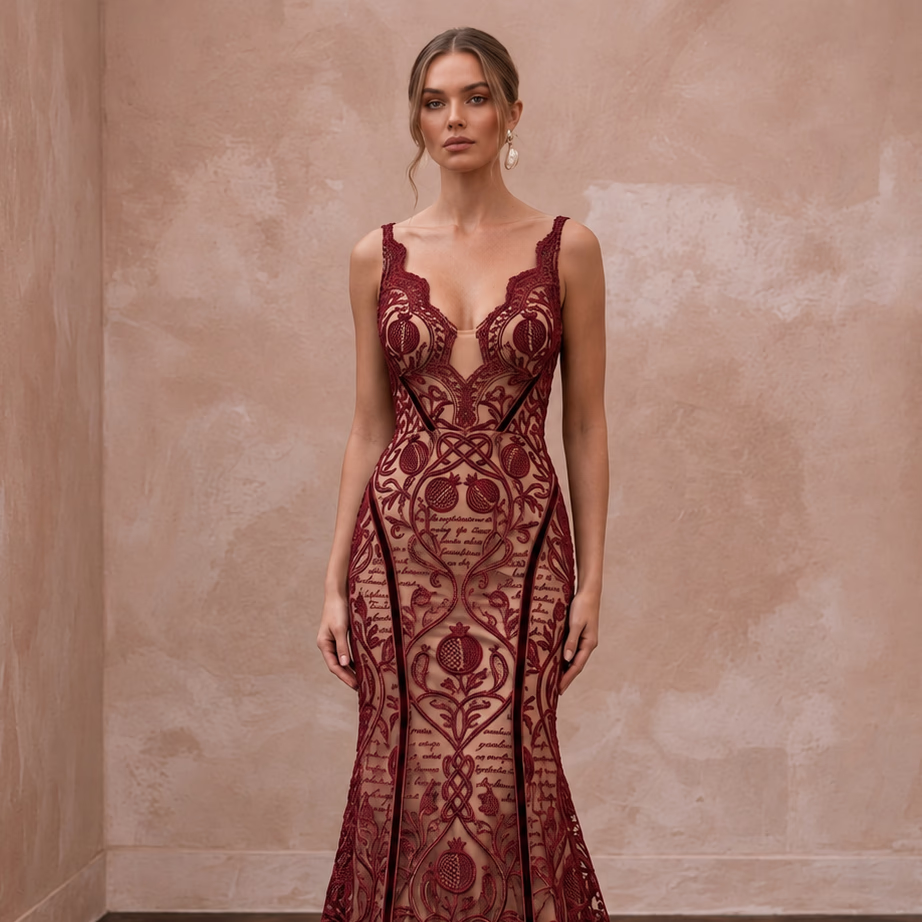 Deep Red Lace Over Nude Satin Fit - and - Flare Dress for Anniversary Dinner - Apparel & Accessories > Clothing > Wedding & Bridal Party Dresses > Wedding Dresses - Mignonette Bridal