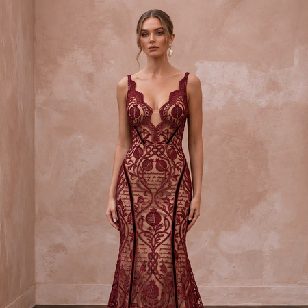 Deep Red Lace Over Nude Satin Fit - and - Flare Dress for Anniversary Dinner - Apparel & Accessories > Clothing > Wedding & Bridal Party Dresses > Wedding Dresses - Mignonette Bridal