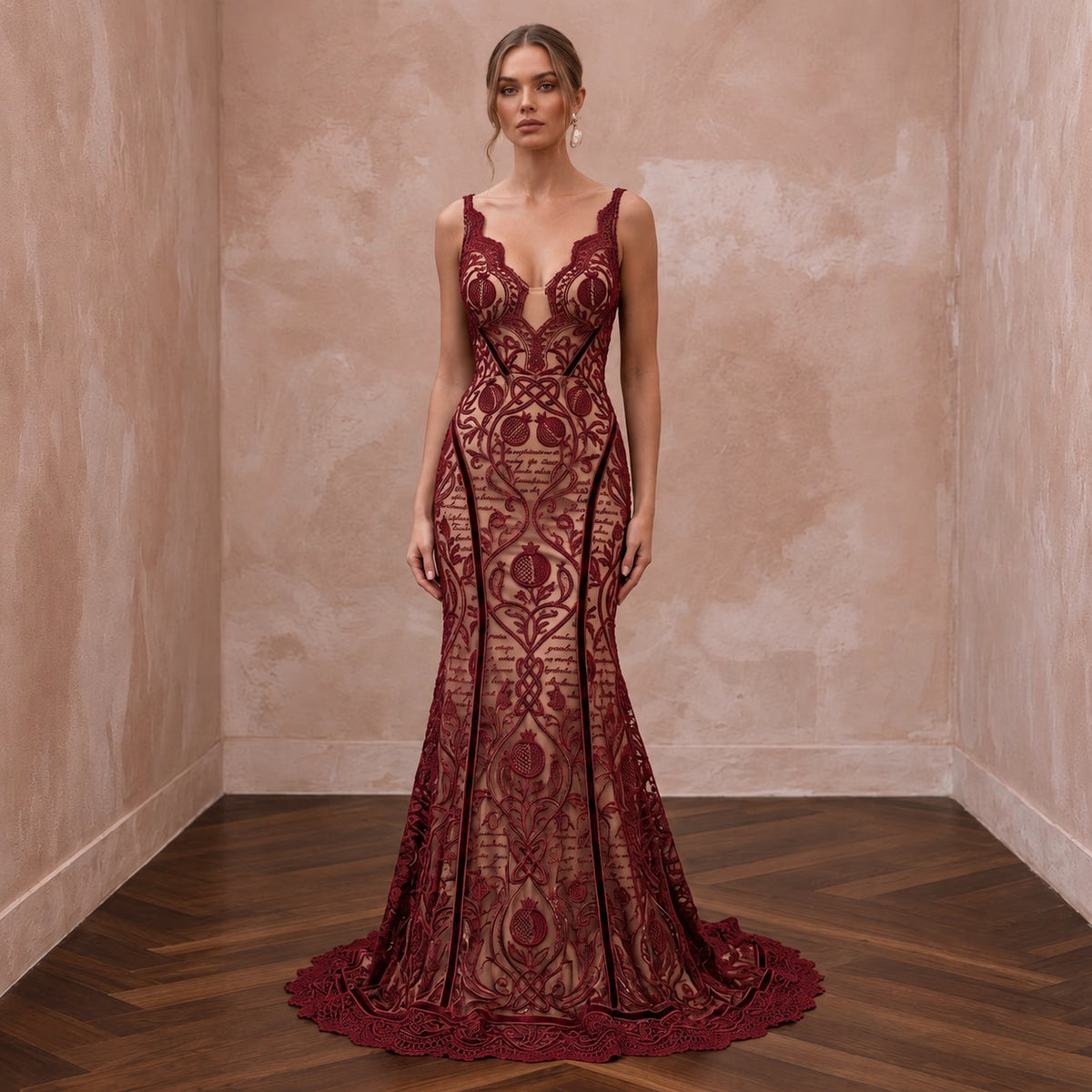 Deep Red Lace Over Nude Satin Fit - and - Flare Dress for Anniversary Dinner - Apparel & Accessories > Clothing > Wedding & Bridal Party Dresses > Wedding Dresses - Mignonette Bridal