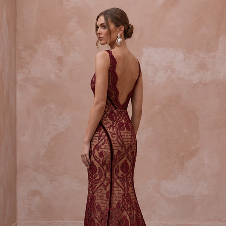 Deep Red Lace Over Nude Satin Fit - and - Flare Dress for Anniversary Dinner - Apparel & Accessories > Clothing > Wedding & Bridal Party Dresses > Wedding Dresses - Mignonette Bridal