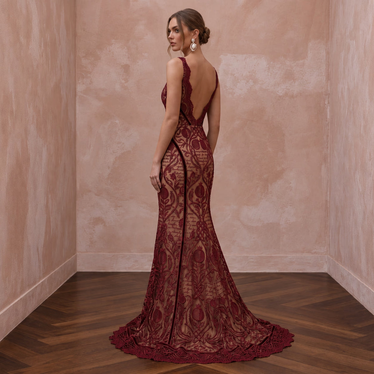Deep Red Lace Over Nude Satin Fit - and - Flare Dress for Anniversary Dinner - Apparel & Accessories > Clothing > Wedding & Bridal Party Dresses > Wedding Dresses - Mignonette Bridal