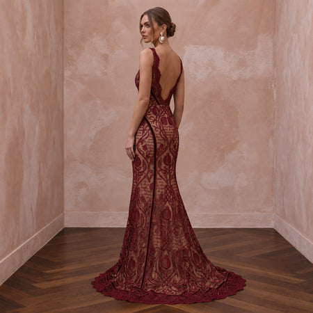 Deep Red Lace Over Nude Satin Fit - and - Flare Dress for Anniversary Dinner - Apparel & Accessories > Clothing > Wedding & Bridal Party Dresses > Wedding Dresses - Mignonette Bridal