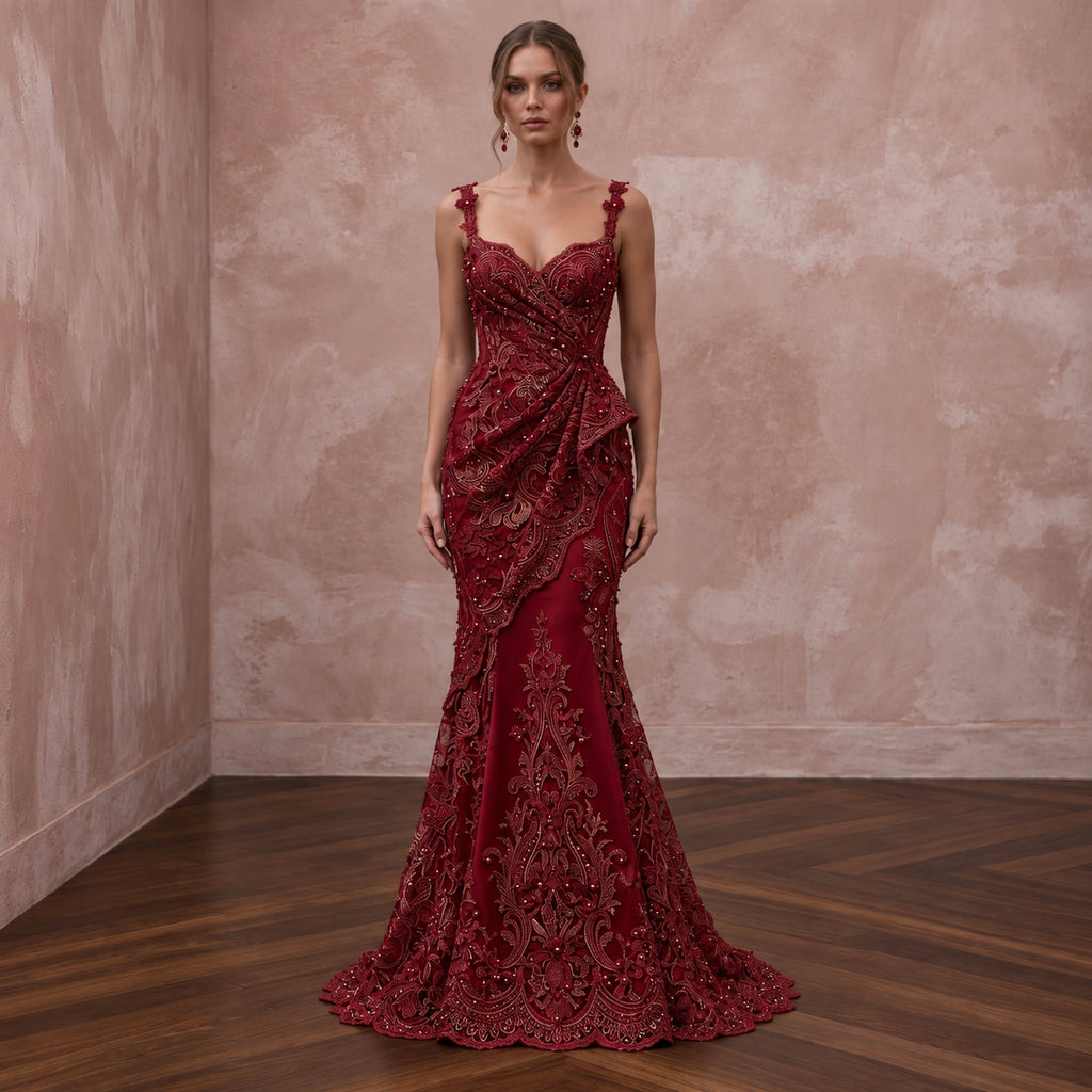 Deep Red Lace Over Satin Fit-and-Flare Dress for Anniversary Dinner