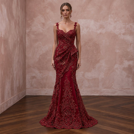 Deep Red Lace Over Satin Fit-and-Flare Dress for Anniversary Dinner
