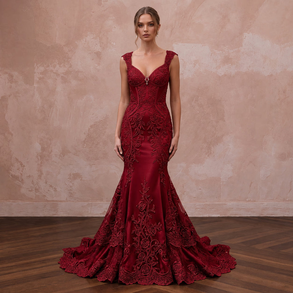 Deep Red Lace Over Satin Fit-and-Flare Dress for Anniversary Dinner