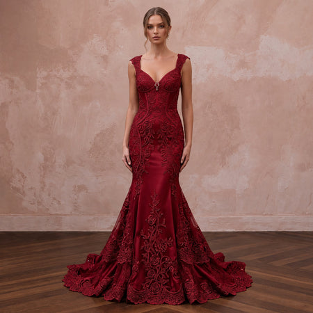 Deep Red Lace Over Satin Fit-and-Flare Dress for Anniversary Dinner