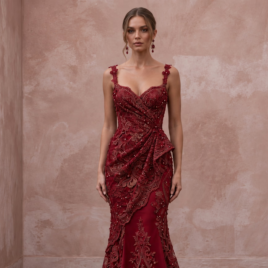 Deep Red Lace Over Satin Fit-and-Flare Dress for Anniversary Dinner