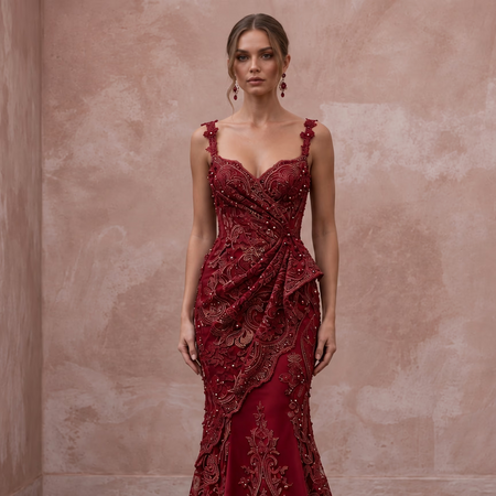 Deep Red Lace Over Satin Fit-and-Flare Dress for Anniversary Dinner