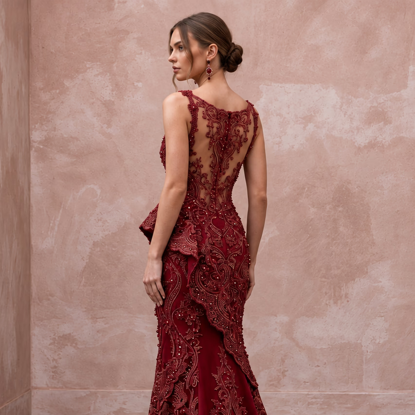 Deep Red Lace Over Satin Fit-and-Flare Dress for Anniversary Dinner