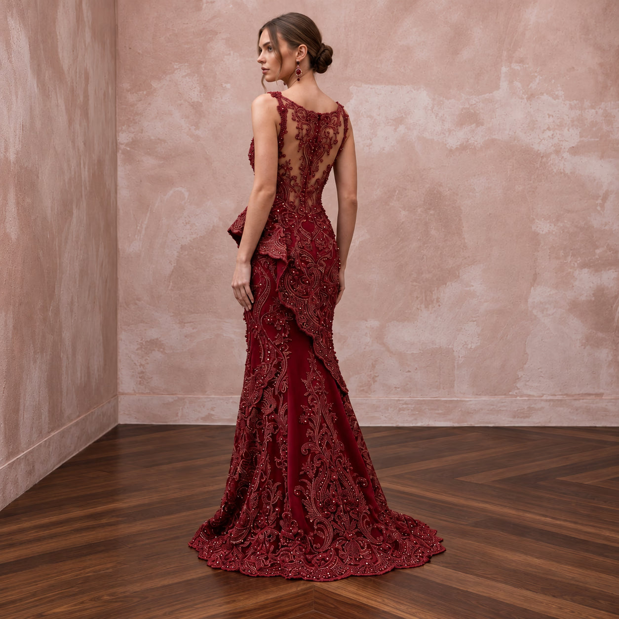Deep Red Lace Over Satin Fit-and-Flare Dress for Anniversary Dinner Secondary image