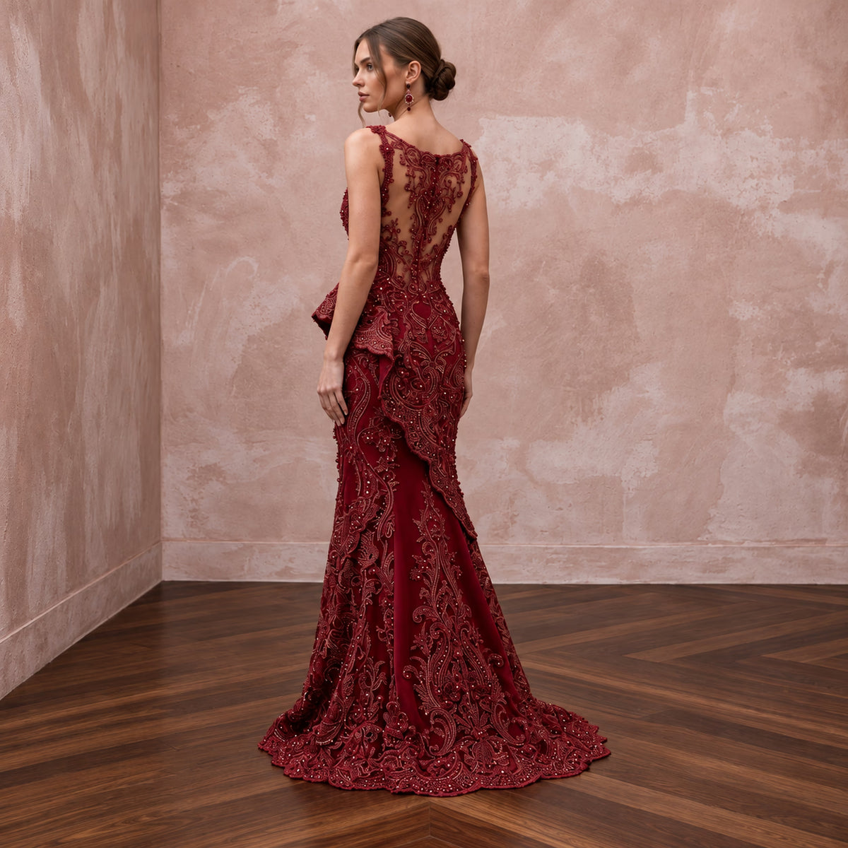 Deep Red Lace Over Satin Fit-and-Flare Dress for Anniversary Dinner