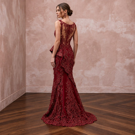 Deep Red Lace Over Satin Fit-and-Flare Dress for Anniversary Dinner