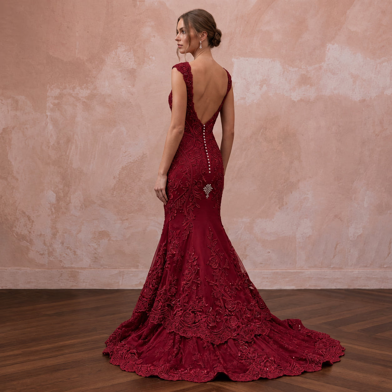 Deep Red Lace Over Satin Fit-and-Flare Dress for Anniversary Dinner Secondary image