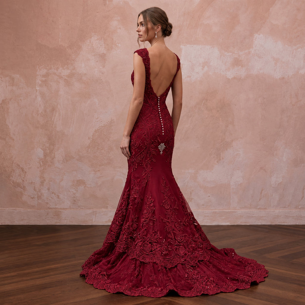 Deep Red Lace Over Satin Fit-and-Flare Dress for Anniversary Dinner
