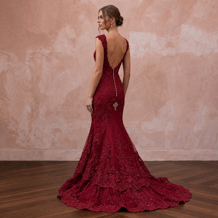 Deep Red Lace Over Satin Fit-and-Flare Dress for Anniversary Dinner