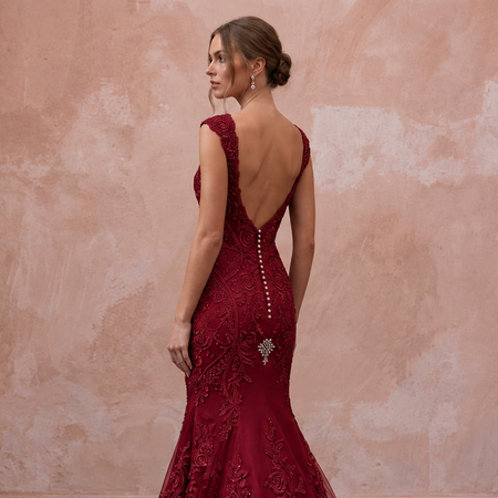 Deep Red Lace Over Satin Fit-and-Flare Dress for Anniversary Dinner