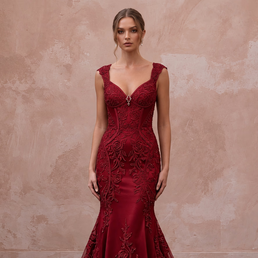 Deep Red Lace Over Satin Fit-and-Flare Dress for Anniversary Dinner