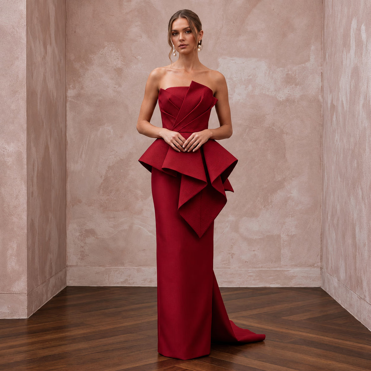 Deep Red Sculptural Faille Peplum Bodice Evening Gown