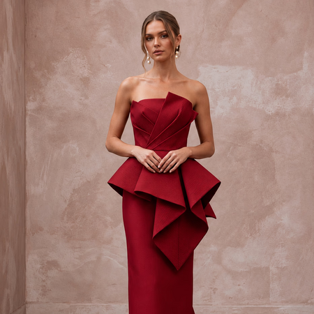 Deep Red Sculptural Faille Peplum Bodice Evening Gown